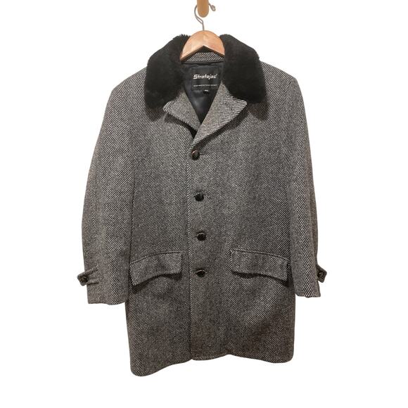 Stratojac‎ Houndstooth Men’s Wool Car Coat - Size 40 Faux Fur Collar Preloved - Picture 1 of 5